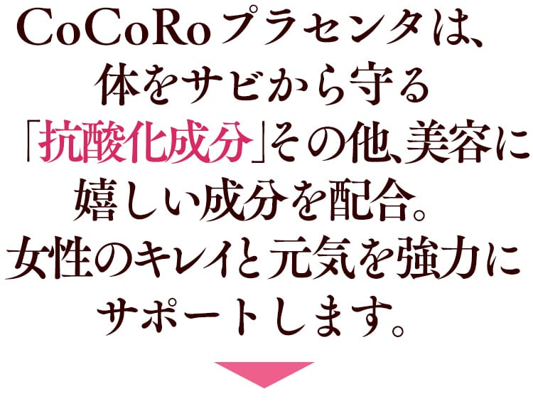 CoCoRoプラセンタは、体をサビから守る「抗酸化成分」その他、美容に嬉しい成分を配合。女性のキレイと元気を強力にサポートします